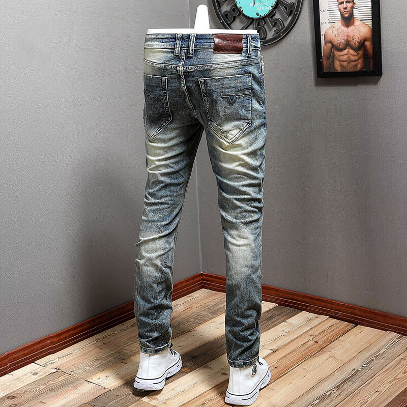 Newly Vintage Fashion Men Jeans Retro Blue Stretch Elastic Slim Fit Ripped Jeans Men Patched Designer Casual Denim Pants Hombre