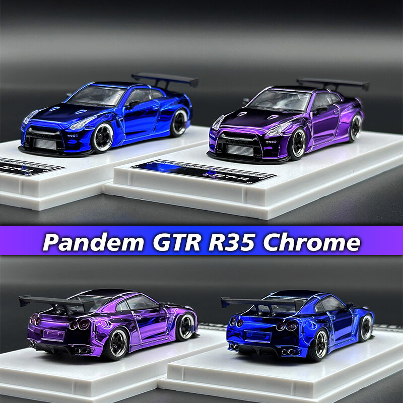 LMLF-Collection de modèles de voitures miniatures, jouets moulés sous pression, 1:64 plus sombre em GTR R35 Rocket Bunny, Diorama chromé bleu et violet, en stock