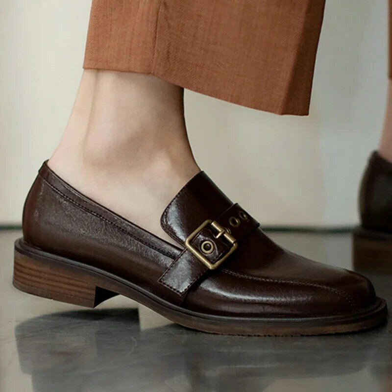 Zapatos de tacón con punta cuadrada para mujer, calzado de cuero natural de 22-25cm de longitud, con hebilla, en 2 colores, color negro, gran oferta