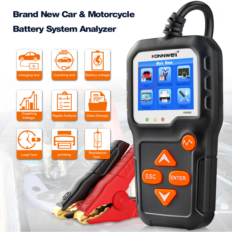 KONNWEI – KW650 testeur de batterie de moto, 12V 6V, analyseur de système de charge 2000CCA, outils de Test de démarrage pour voiture