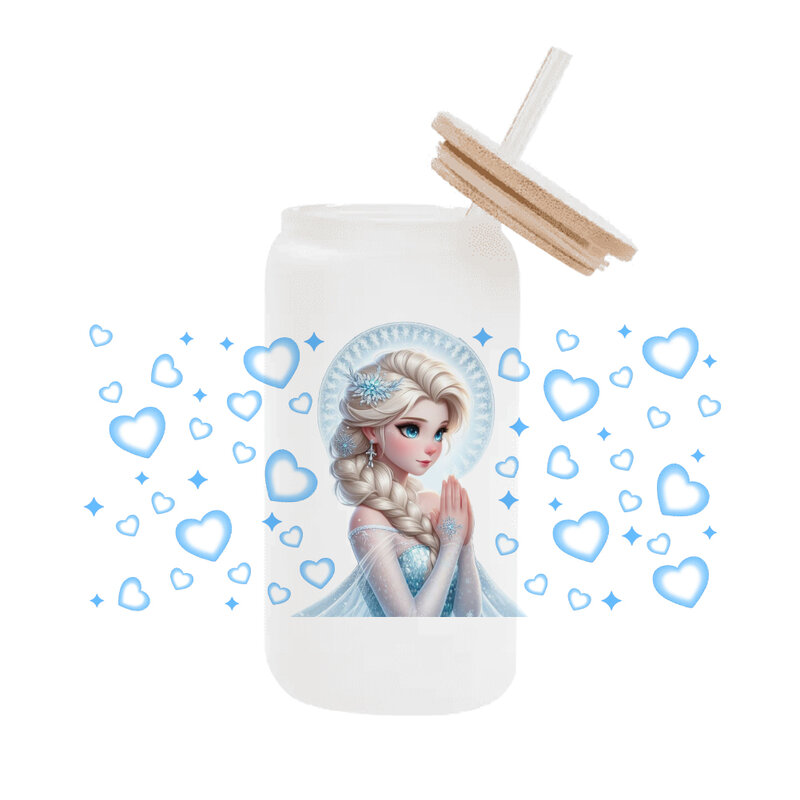 Disney Princess Frozen Elsa and Anna For Libbey 16oz Can Glass 3D Waterproof UV DTF Coffee Can Wrap Libbey Glass Wrap