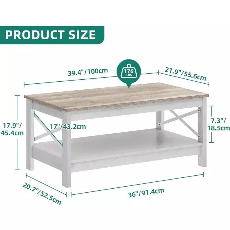 Table basse de salon avec cadre solide, table double centrale, gris lavé, table basse de ferme moderne avec garde-manger