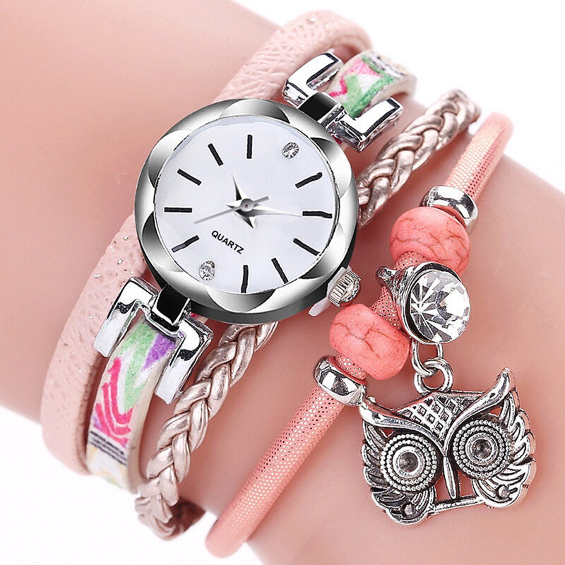 Handmade Knitted Ladies Watch Vintage Owl Pendant Bracelet Watch Small Dial Long Strap Quartz Wristwatches Female Relogio Mujer