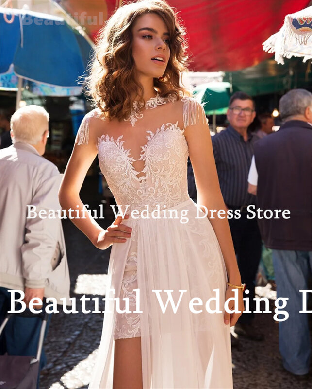 Beautiful Dress Unique Short Wedding Dress Lace Appliques Sheath Mini Detachable Train Bridal Gown 2024 Women Prom Party Dress