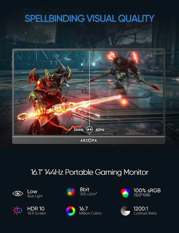 ARZOPA 16.1 ''144Hz 1080P FHD Portable Gaming Monitor HDR Segunda Tela Externa para Switch, Xbox, PS5,Laptop,PC,Mac, Framboesa