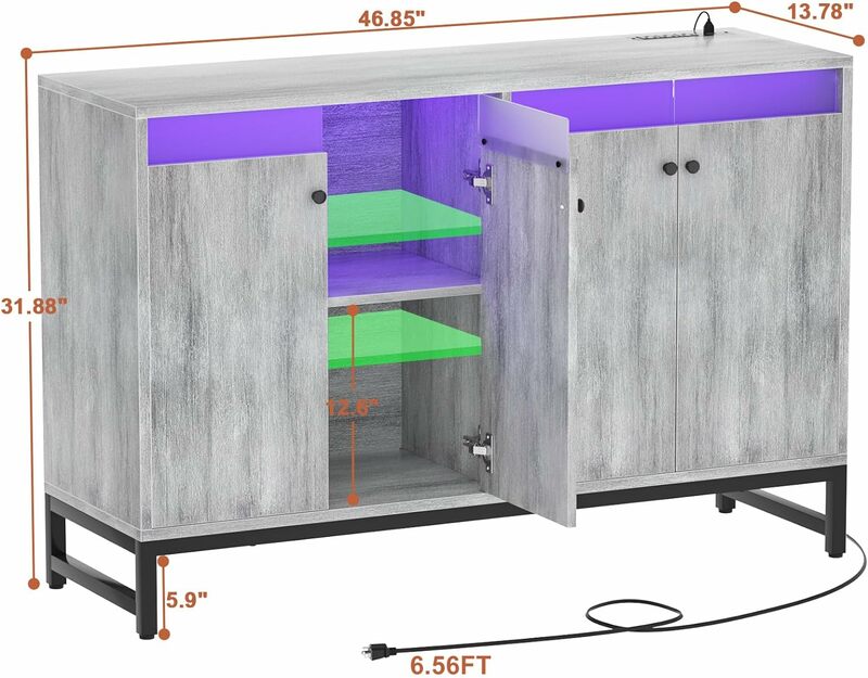 Modern Sideboard Buffet Cabinet com Power Outlet e RGB LED Light, Armário de cozinha, Accent Table with Doors, Espaçoso
