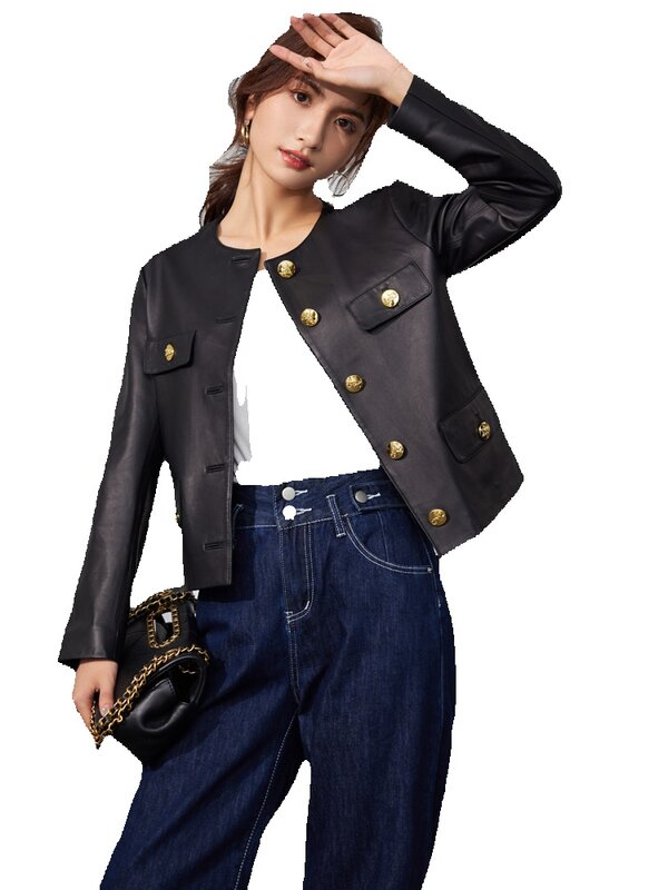 Neue Rundhals-Echt lederjacke für Damen oberbekleidung saisonale kurze modische Jacken jacke aus Schaffell