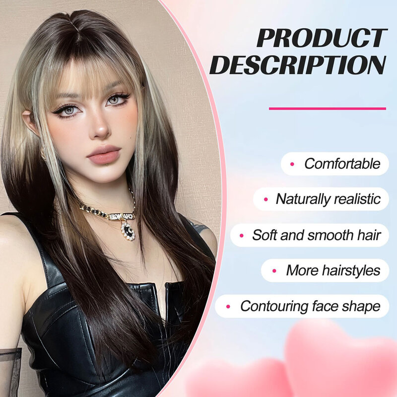 Ombre Synthetic Straight Cosplay Women Hair Platinum Blonde to Black Hair Long Layered Natural Wigs with Bangs for White Women