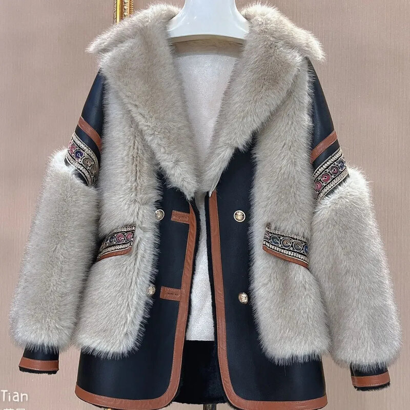 Jaqueta de couro grosso feminina, casaco de pele sintética, manga comprida, streetwear vintage, marca de luxo, botões, outono, inverno, nova
