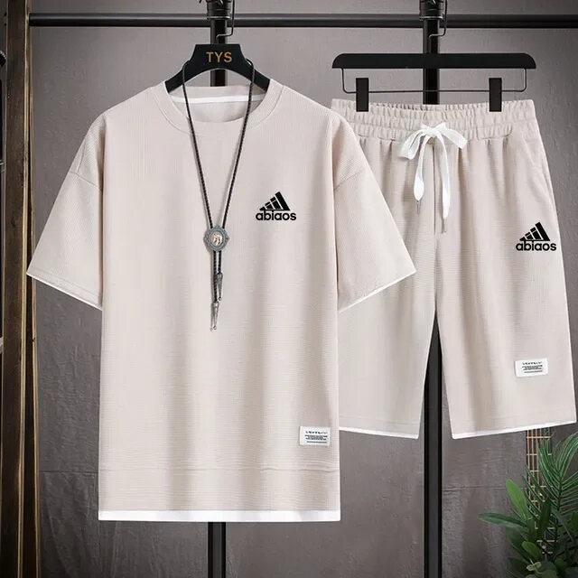 Conjunto de dos piezas de tela de lino para hombre, camiseta informal y pantalones cortos, traje deportivo, chándal de manga corta a la moda, Verano