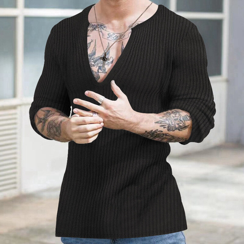 Suéteres informales de manga larga para hombre, Jersey de punto que combina con todo, cuello en V, Color sólido, Otoño e Invierno