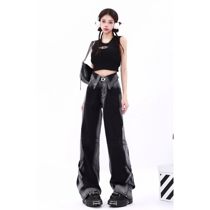 Deeptown Y2k Vintage workowate czarne dżinsy szerokie nogawki oversize spodnie dżinsowe 2000s Harajuku z wysokim stanem koreańskie spodnie gotyckie Streetwear