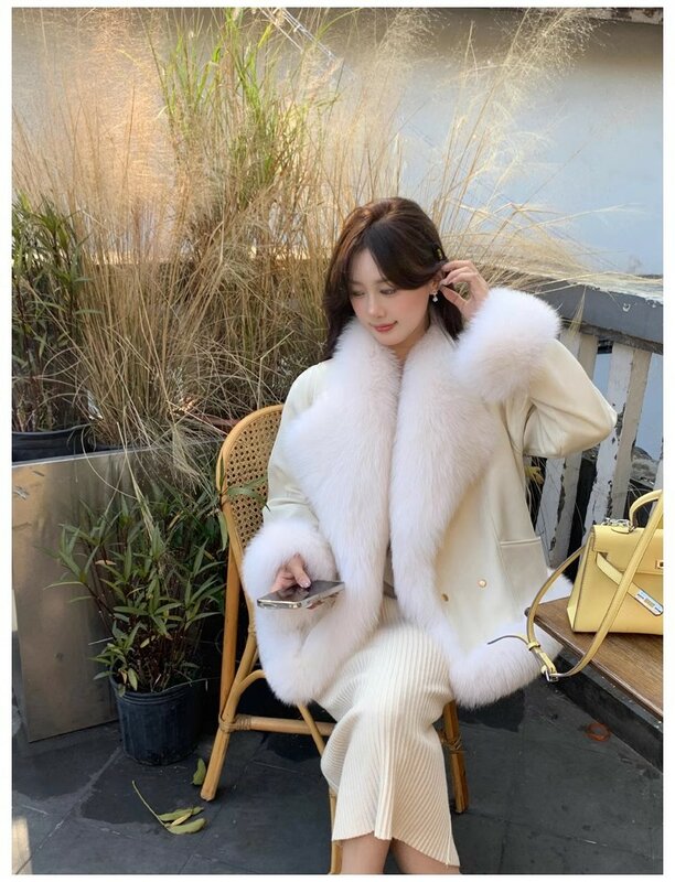 Discount New Winter Fashion Women Real Fur Coat Natural Fox Fur Collar Thick Warm Loose Rex Rabbit Fur Liner Suede Outerwear