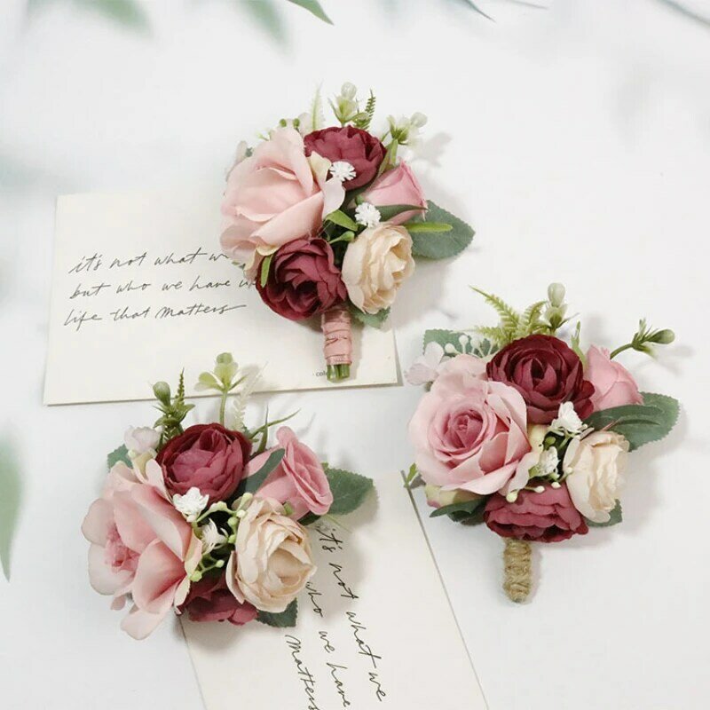 Casamento mão flores boutonniere padrinhos casamento pulso corsage dama de honra pulseiras vinho seda flor pulso corsage
