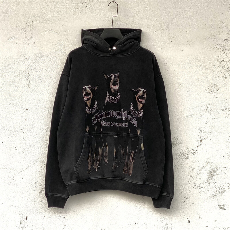 Sudadera con capucha Retro lavada para hombre, suéter con bolsillo y letras estampadas de perro, ropa de calle de Hip Hop, estilo Harajuku Vintage, 2022