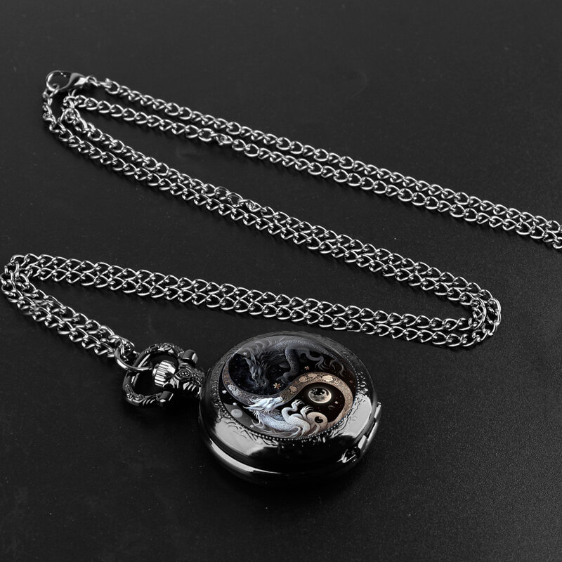 Classic Ying and Yang Dragon Glass Dome Vintage Quartz Pocket Watch Men Women Pendant Necklace Chain Clock Watch Jewelry Gifts