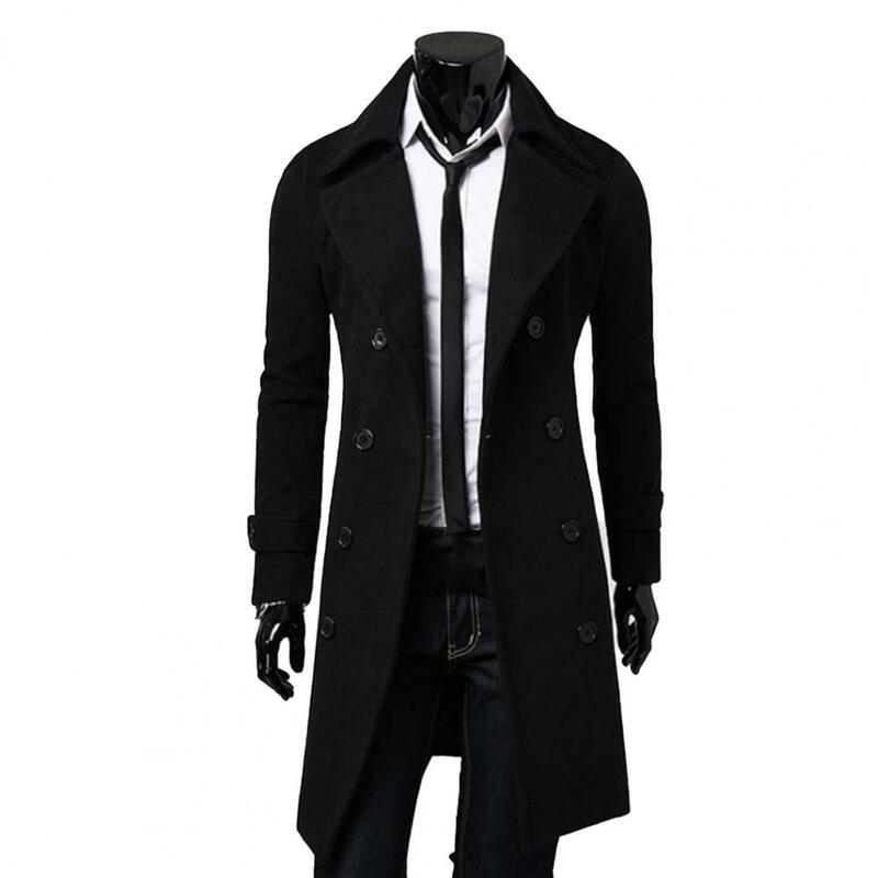 Casaco de trench longo trespassado masculino, sobretudo monocromático, casacos de lã, lapela, outwear grosso, outono, inverno