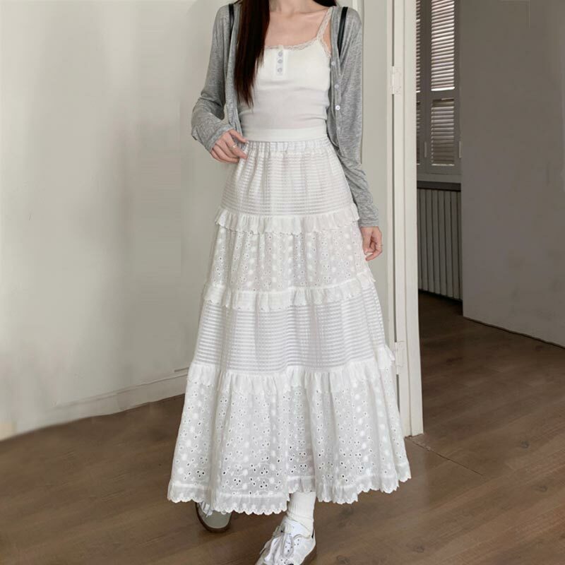 Falda larga de encaje blanco para mujer, faldas Midi de cintura alta, línea A, Pastel dulce, ropa femenina Y2k, primavera y verano