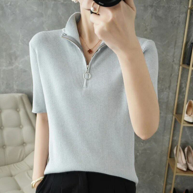 022 wiosenny letni nowy dzianinowy sweter z krótkim rękawem damski półgolf sweter z zamkiem błyskawicznym Slim-Fit Fashion Base wersja koreańska