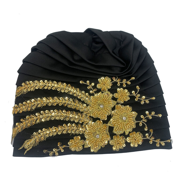 Bordado de luxo Beading boné de turbante plissado para mulheres, envoltório de cabeça feminina africana, chapéu de turbante muçulmano