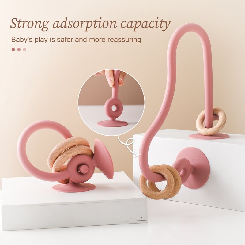 Mainan gigitan silikon lembut cincin kayu bayi, Teether bebas BPA dapat menyerap sekitar Montessori, hadiah mainan Puzzle