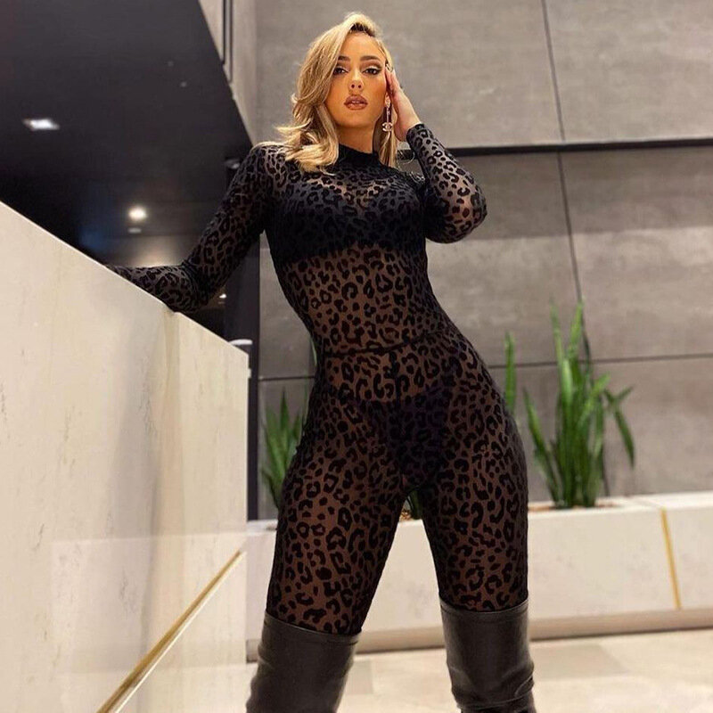 Stoking Tubuh Jala Naluri Binatang Leopard Tembus Pandang Velour Romper Lengan Panjang Jumpsuit Wanita Seksi Clubwear Tengah Malam