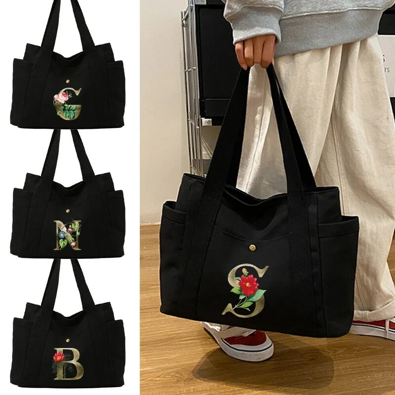 Tas bahu tunggal kanvas wanita, tas bahu tunggal wanita, tas penyimpanan barang perjalanan luar ruangan, tas bunga emas