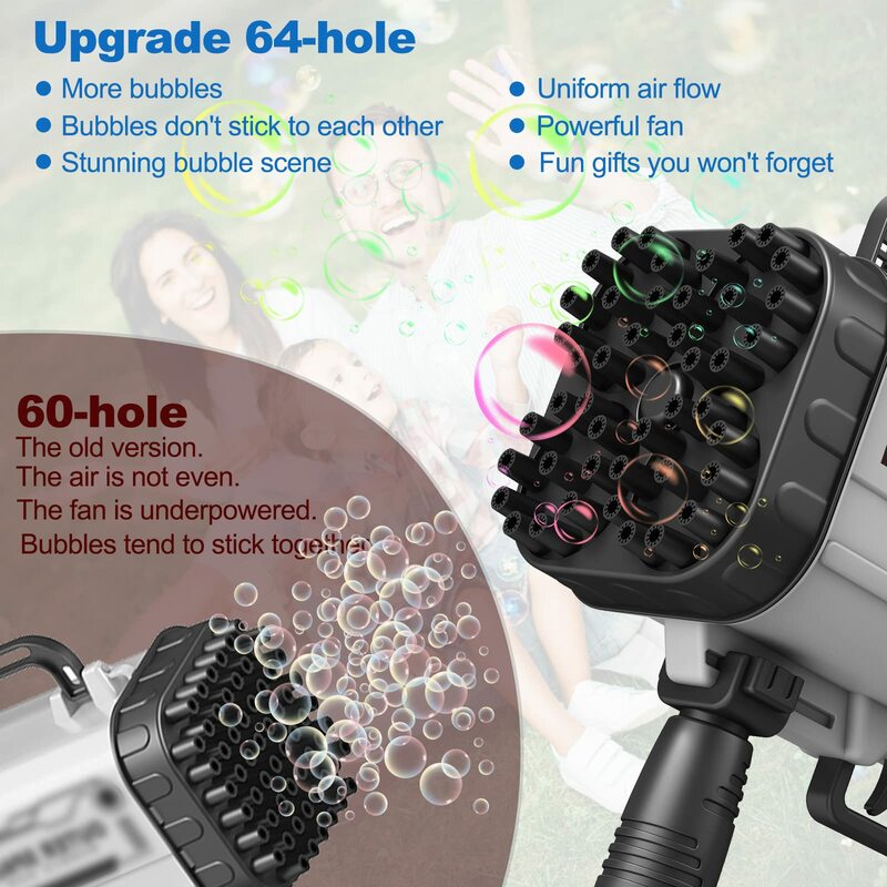 Pistola de burbujas Bazooka de 64 agujeros para niños, juguete eléctrico automático para verano, máquina de burbujas Gatling, regalos de cumpleaños