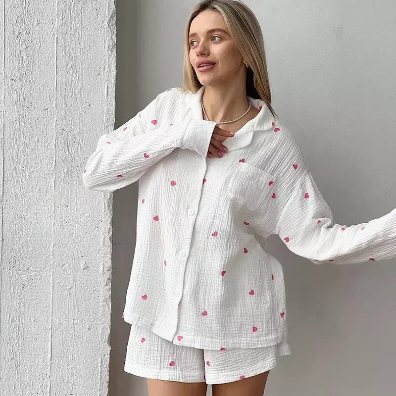 2023 Autumn Cotton Fashion Love Printed Pajamas Two Piece Set Casual Comfortable Soft Shorts Women's Home Sleep Wear