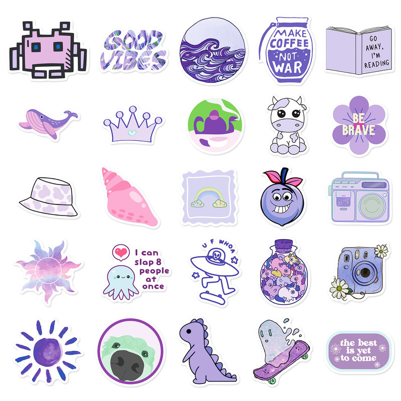 Autocollants graffiti de la série mondiale violet de dessin animé, adaptés aux casques d'ordinateur portable, décoration de bureau, autocollants de bricolage, jouets, 50 pièces