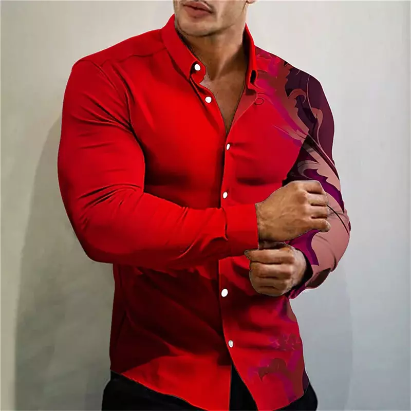 Men's High Quality Luxury Prom Fashion Social Red Blue Flower Print Polo Button Fashion Designer Long Sleeve Men's Shirt