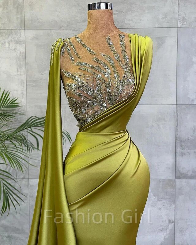 Lemon Green Satin Mermaid Evening Prom Dresses Sheer Mesh Sequin Beads Ruched Formal Occasion Wear Sheer Neck Sweep Train Robe