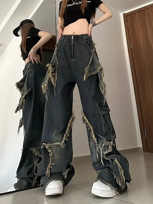 Женские свободные джинсы с широкими штанинами, в американском ретро-стиле