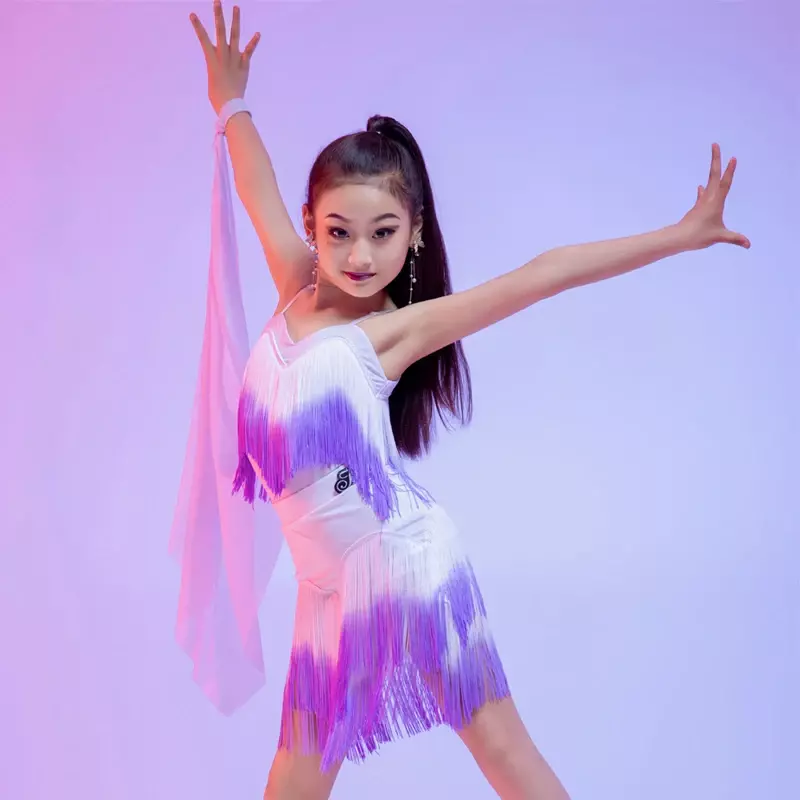 Sukienka Latin Dance girl z diamencikami i frędzlem profesjonalna konkurencja garnitur dla dorosłych dzieci wysokiej klasy kostium sceniczny kostium tanga