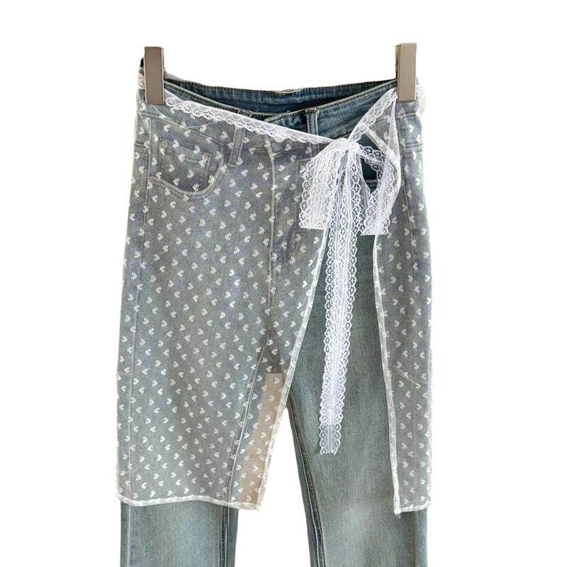 Koronkowa spódnica tiulowa warstwowa z związywane pikantną dziewczyną ułożoną spódnicą Y2k koronkowy fartuch do spodni koreańska dopasowana spódnica Streetwear P7N1