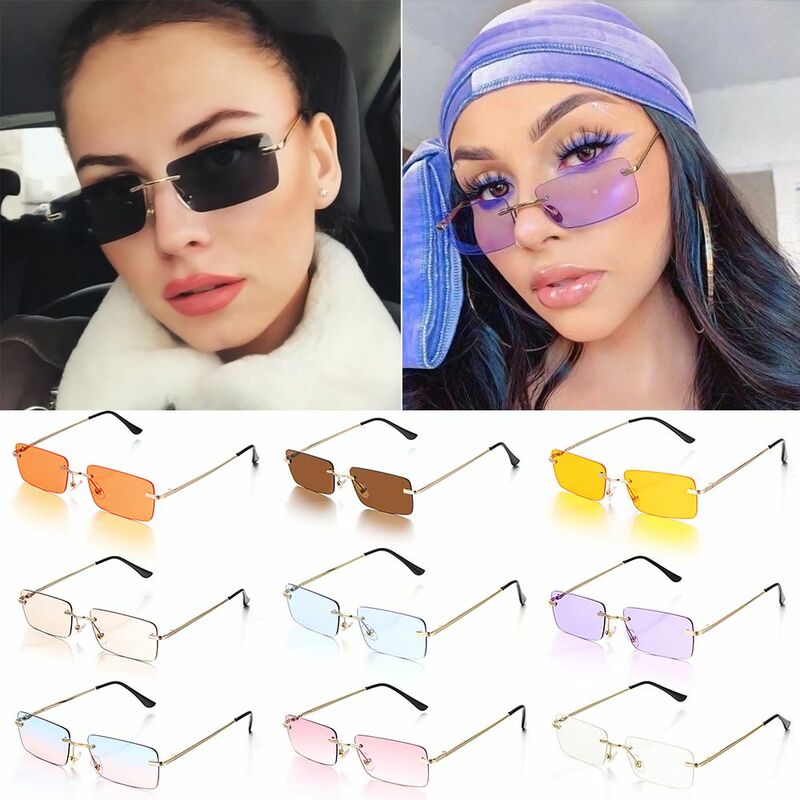Óculos de sol sem aro retangular retrô para mulheres, óculos gradiente unisex, óculos vintage, UV400