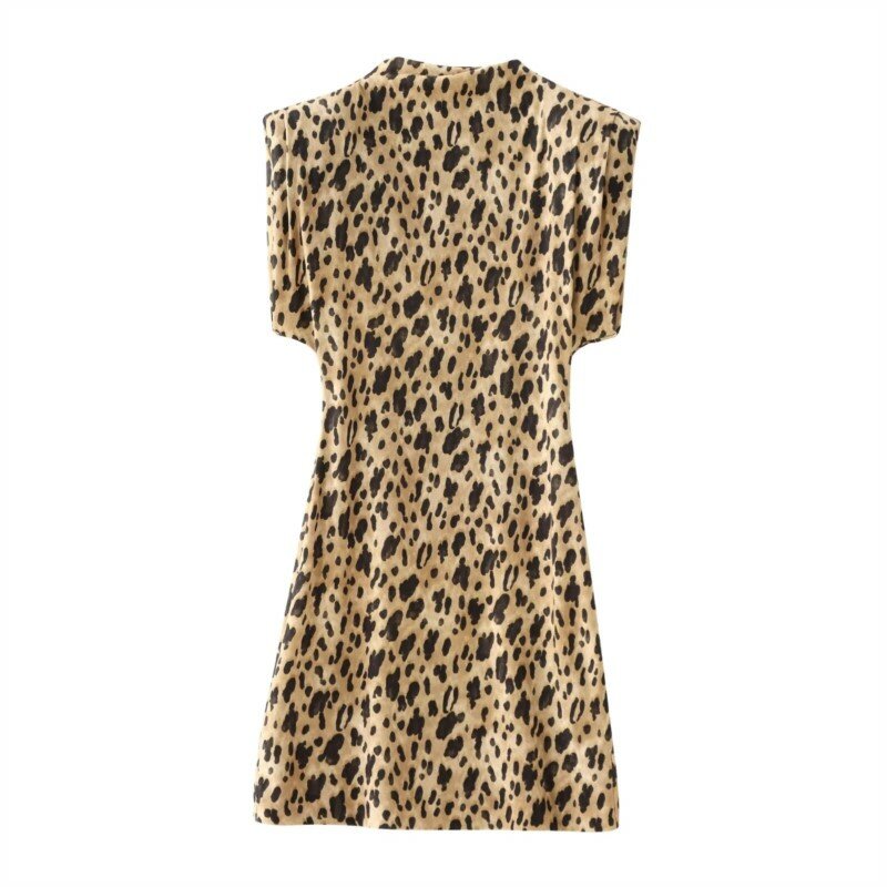 TRAF Leopard Midi Dress For Women New Spring Summer Sleeveless Slim Shoulder Pad Turtleneck Short Dress With Sexy Casual Dress
