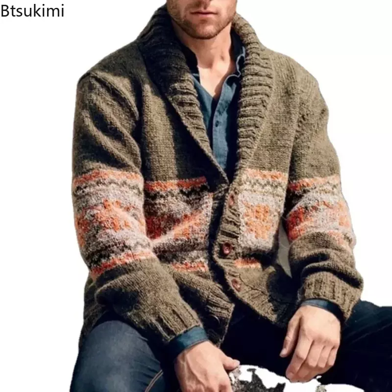 남성용 프린트 스웨터, 2024 빈티지 스타일, 자카드 니트 가디건, 편안한 긴팔, 두껍고 따뜻한 스웨터 코트, 신상