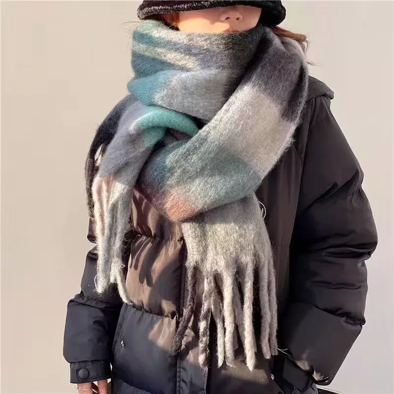 모헤어 컬러 매칭 캐시미어 태슬 숄, 연인 넥밴드, 무지개 격자 무늬 스카프, 따뜻한 겨울 빈티지 액세서리