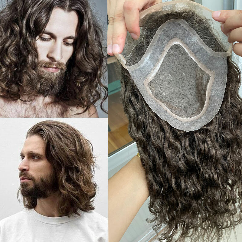 Rambut palsu bergelombang alami untuk pria, sistem pengganti rambut manusia, kulit Mono tipis Pu dan Prancis renda keras potongan rambut palsu depan 12