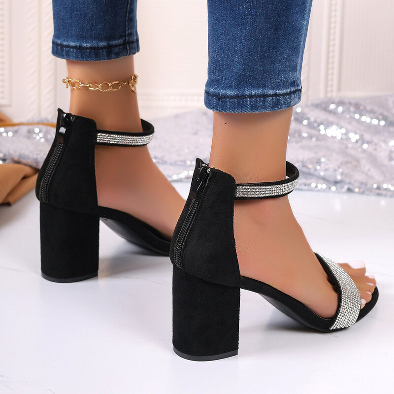 Thick Heeled Sandals for Women's Fashion Design Niche Sexy Open Toe Zippered One Line Buckle with Rhinestone High Heels