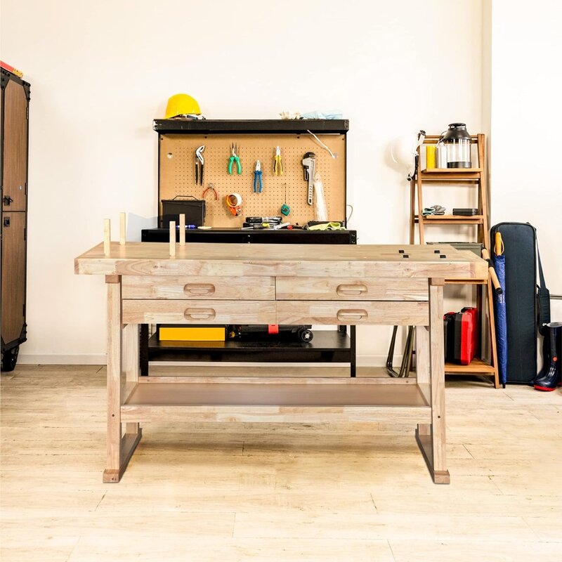 60-calowy drewniany stół warsztatowy Olympia Tools - stół warsztatowy z drewna kauczukowego z 4 szufladami, udźwig 450 funtów - idealny