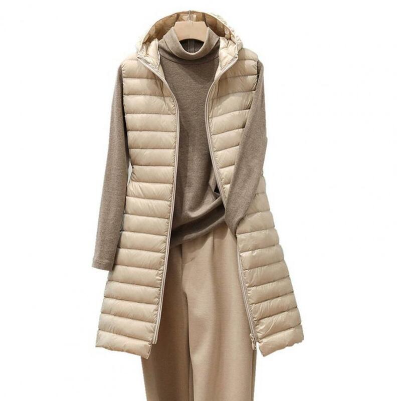 Chaleco acolchado de longitud media para mujer, abrigo largo con capucha, grueso y cálido, sin mangas, con cremallera, suave y ligero, para invierno