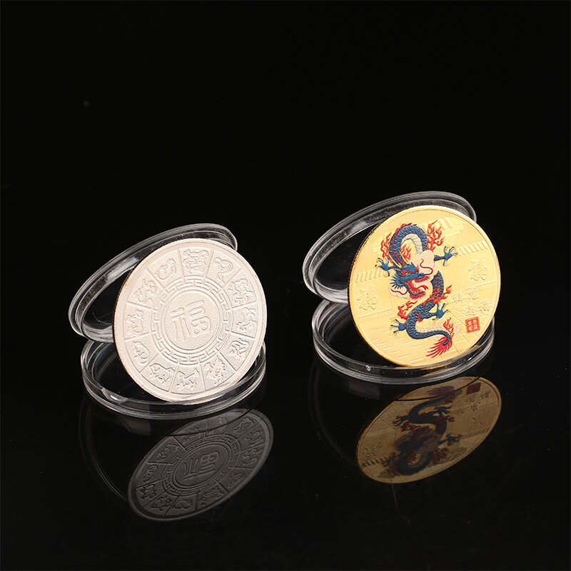 1Pc 2024 nuovo anno del drago monete Commemorative dipinte medaglie zodiacali cinesi distintivo monete Commemorative da collezione