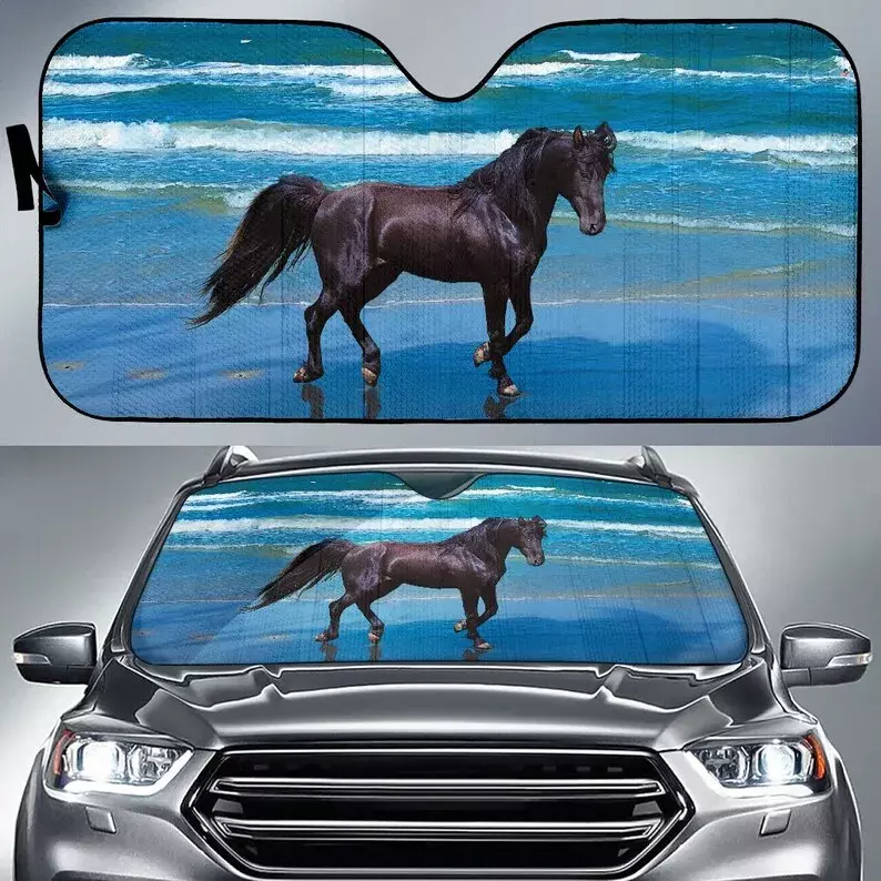الجمال الأسود على الشاطئ مظلة الحصان للسيارة ، الزجاج الأمامي