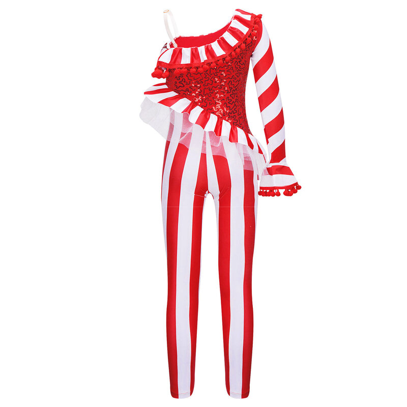 Girls Xmas Candy Cane Striped Unitard Kid Christmas Party Sequins Ruffle Jumpsuit Ballet Skating Dance Cheer Performance Costume