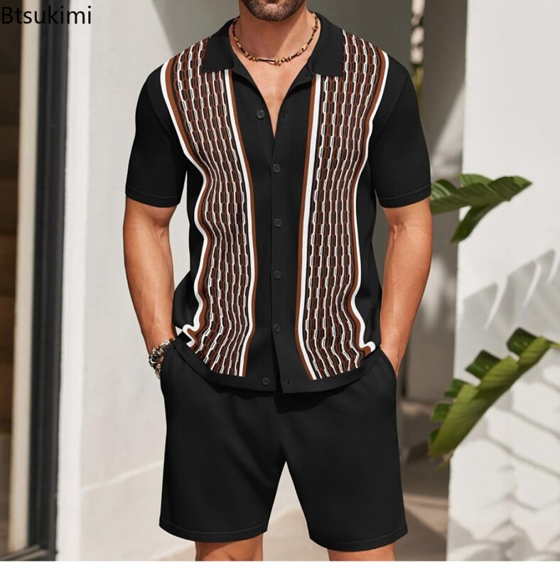 Summer New Ice Silk Knitted Sets Men's Casual Jacquard Short-sleeved Polo Shirt and Shorts Two Piece Sets Men Business Slim Suit