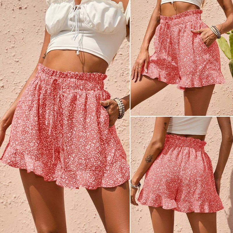 Women's Casual Shorts Elastic High Waisted Ruffle Floral Printing Comfortable Loose Summer Beach Short Pants With Pocket