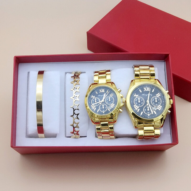 นาฬิกาควอทซ์เหล็กสำหรับคู่รักเซ็ตนาฬิกาผู้ชายนาฬิกาข้อมือผู้หญิงที่หรูหรา relogio feminino พร้อมสร้อยข้อมือ nesklace 4ชิ้นของขวัญ