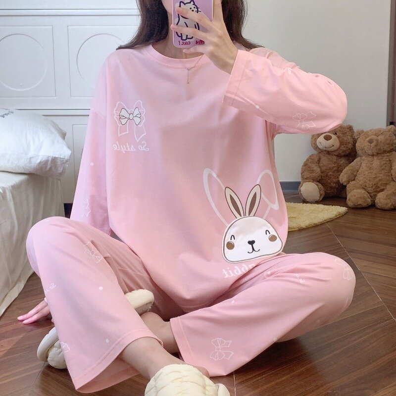 Pijamas de manga larga para mujer, ropa de dormir versión coreana, Jersey de algodón, ropa de casa bonita, moda de otoño, novedad de 2024